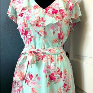 R&K Pink and Green Flutter Sleeve High Low Sundress